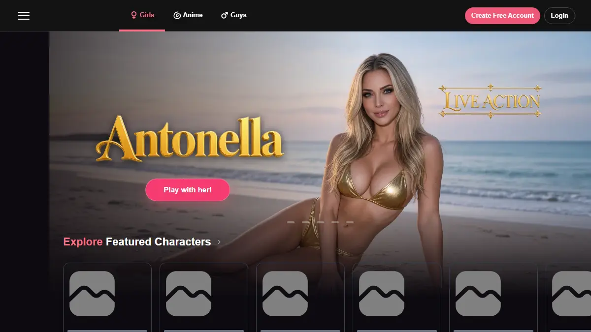 Screenshot of the Candy AI home page with a featured character on a beach